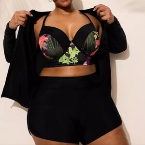 Lane Bryant Cacique Black Full Zip Rashguard Long Sleeve Swim Set Size 24 18